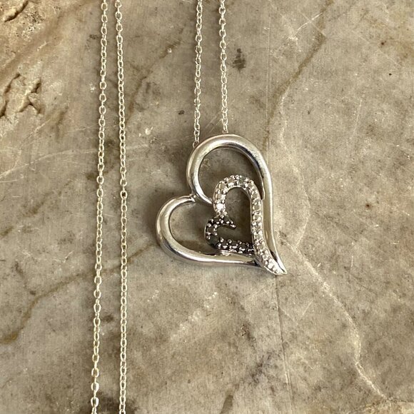 Sterling Silver 925 Diamond Open Heart Asymmetric Pendant Necklace 18" Chain - Picture 11 of 16
